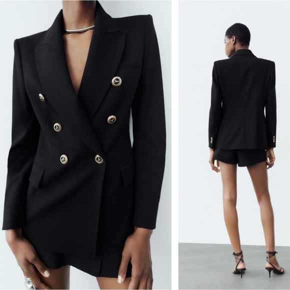 🔥NWT ZARA🔥Tailored Double Breasted Black Blazer - Picture 7 of 12